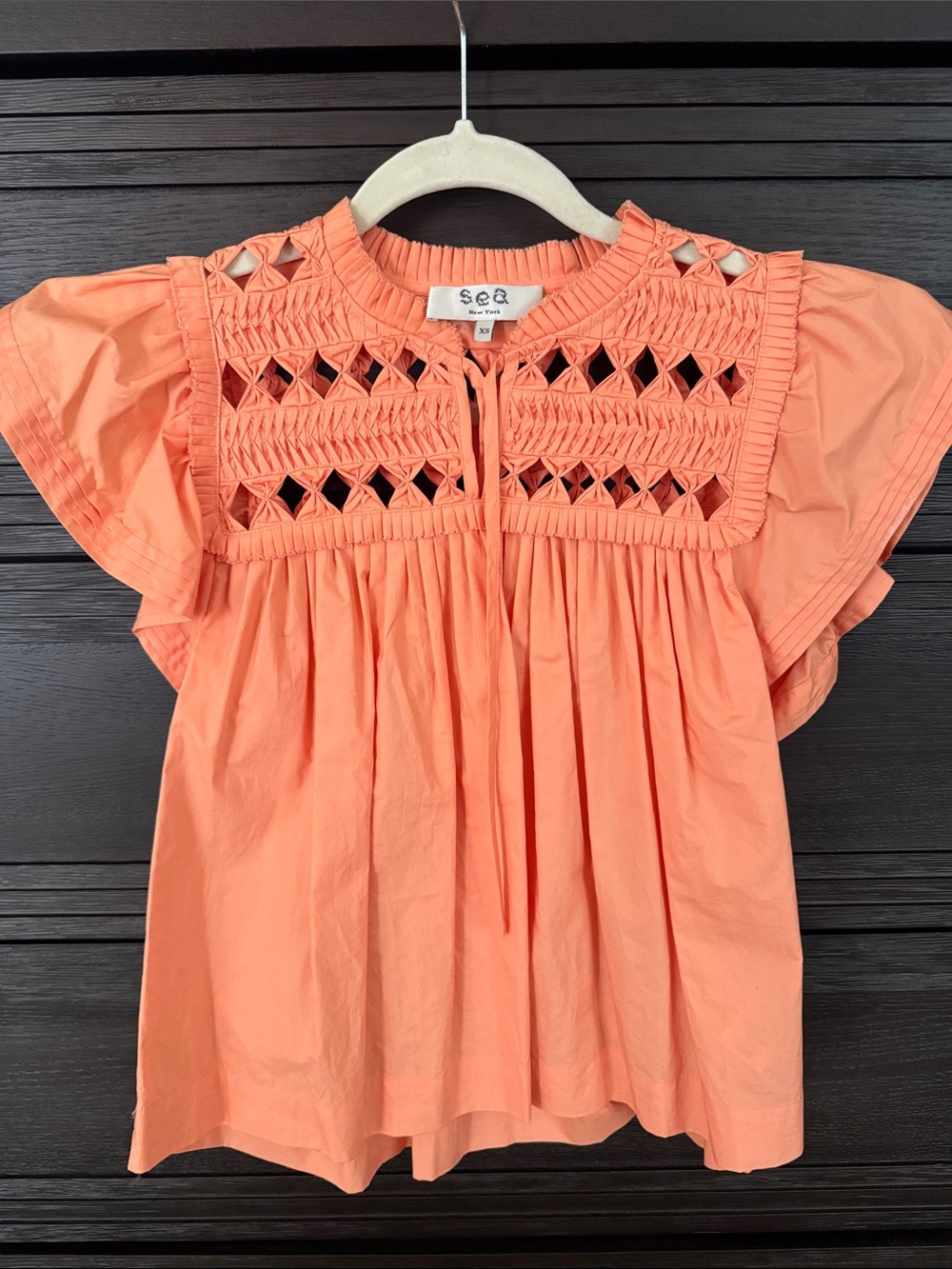 See By Chloe Coral Smocked Eyelet Flutter Sleeve Blouse